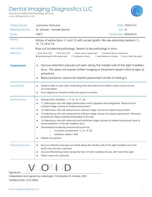 First page of the implant planning sample report