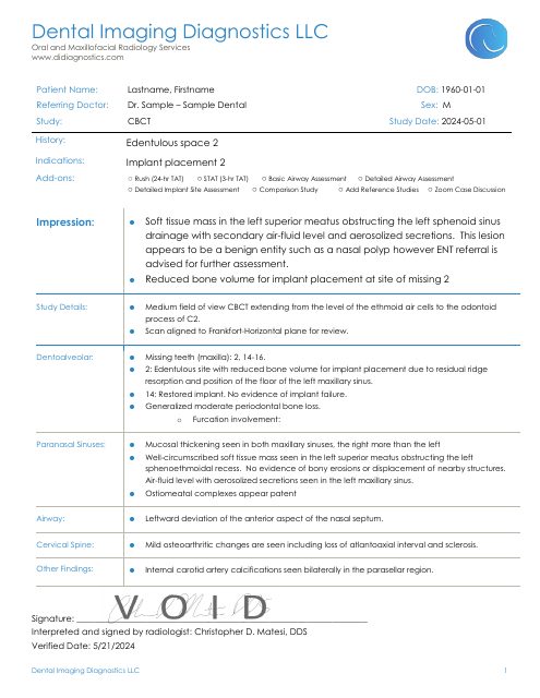 First page of the incidental sinus pathology sample report