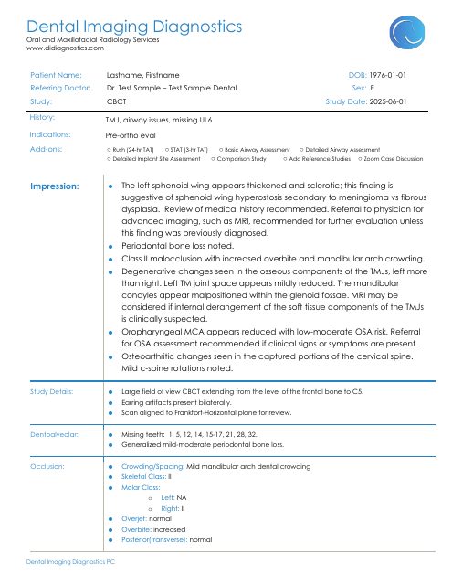 First page of the orthodontic ceph tracing sample report